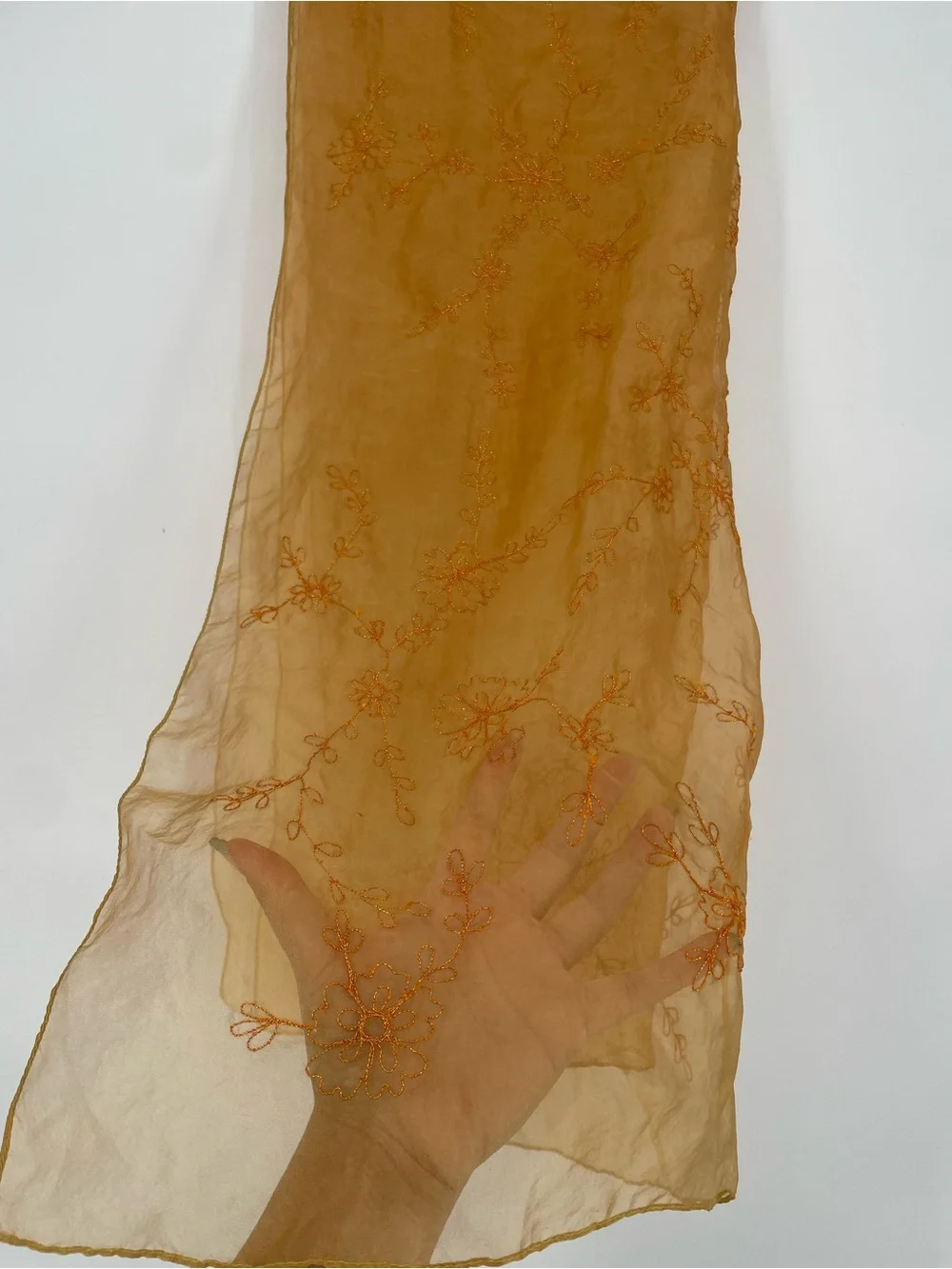 Laila Rowe 100% Silk Golden Orange Large Sheer Organza Embroidered Scarf / Wrap
